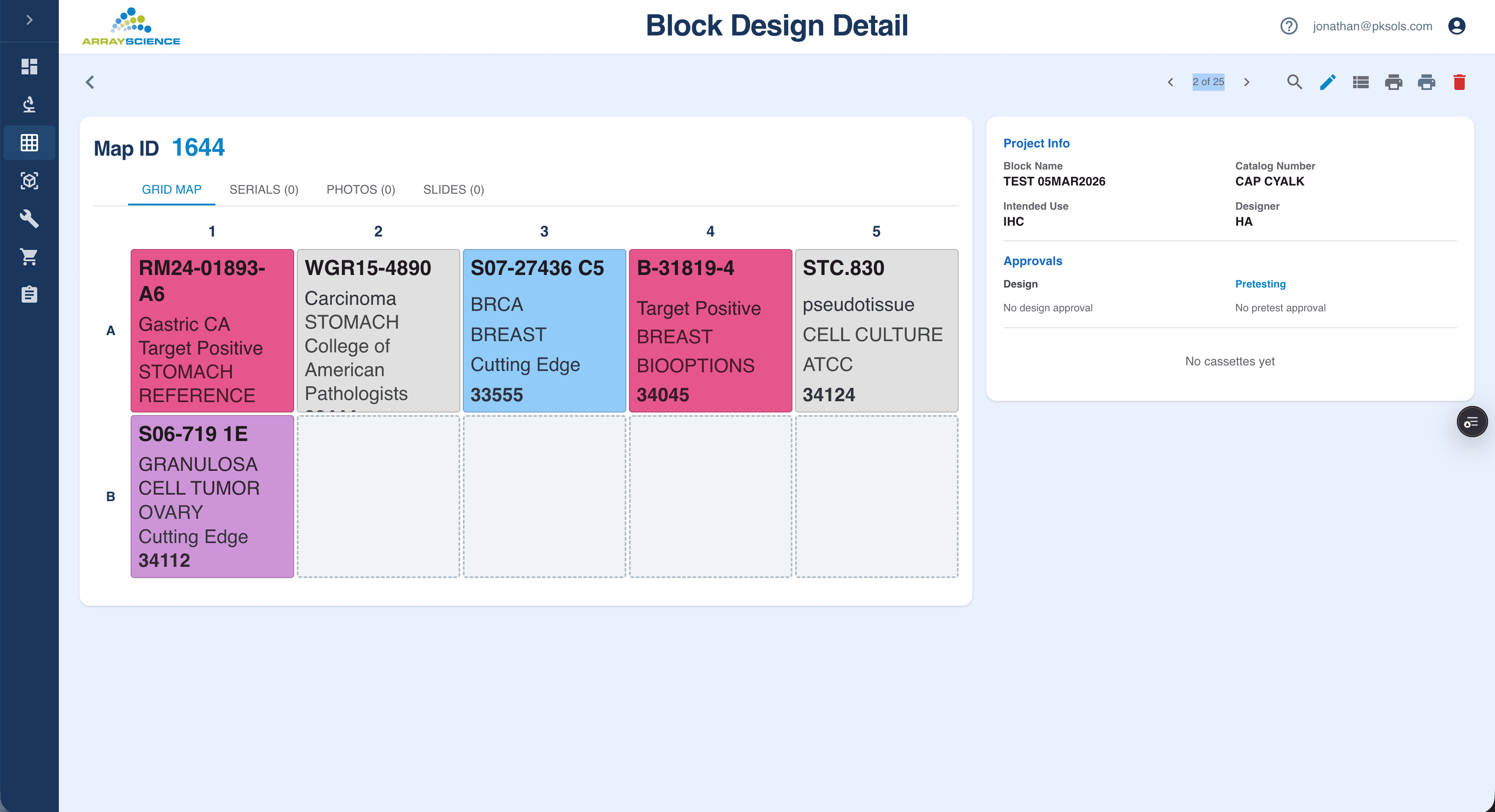 TMA block design grid with tissue sample mapping and project details