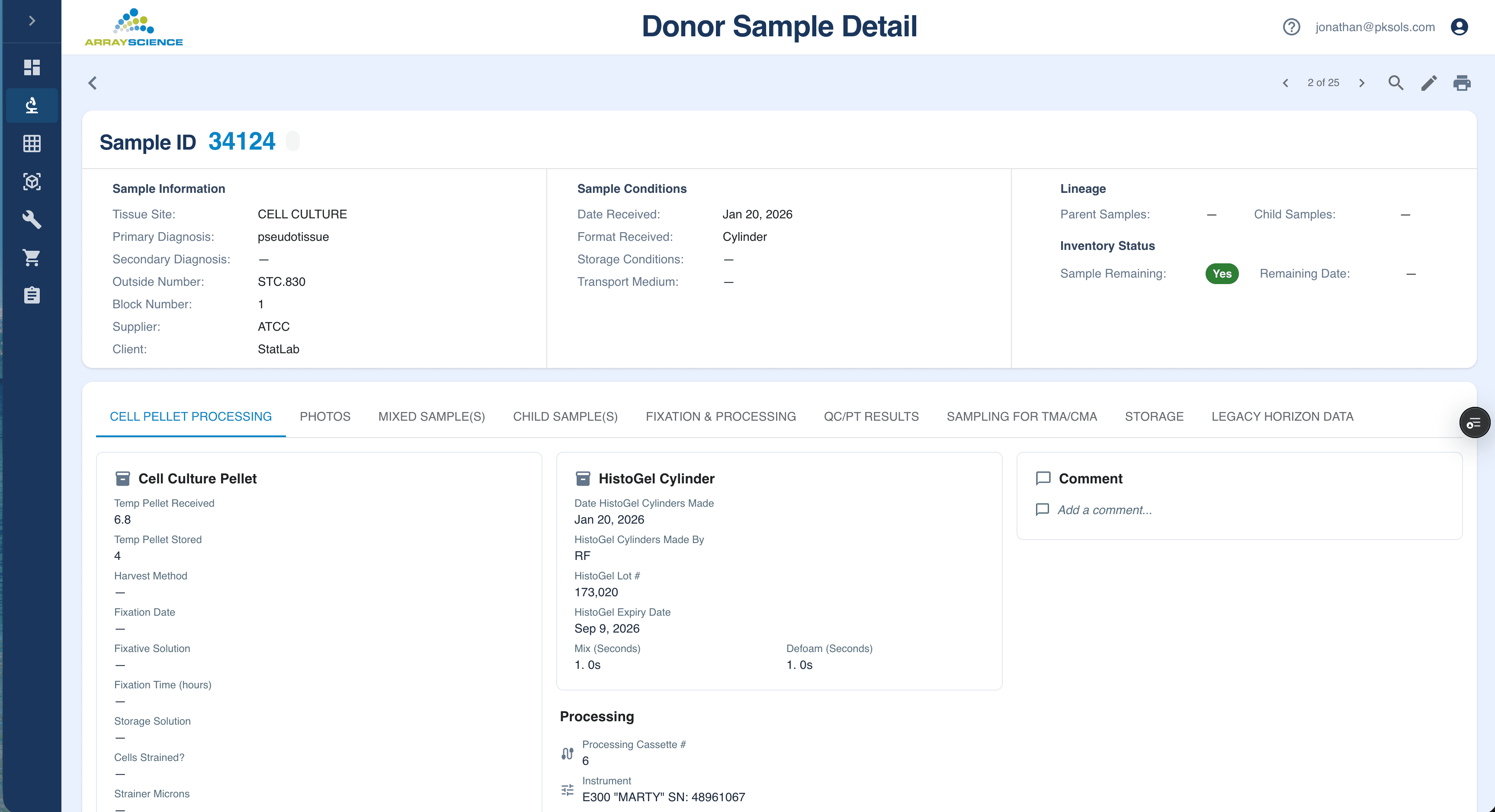 Donor sample detail with processing, storage, and lineage tracking
