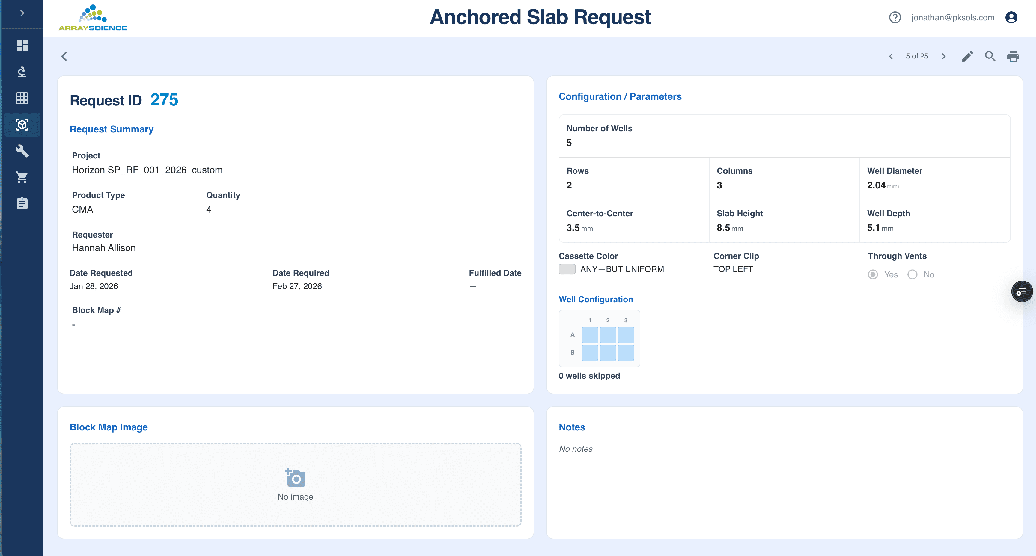 Anchored slab request form with well configuration parameters